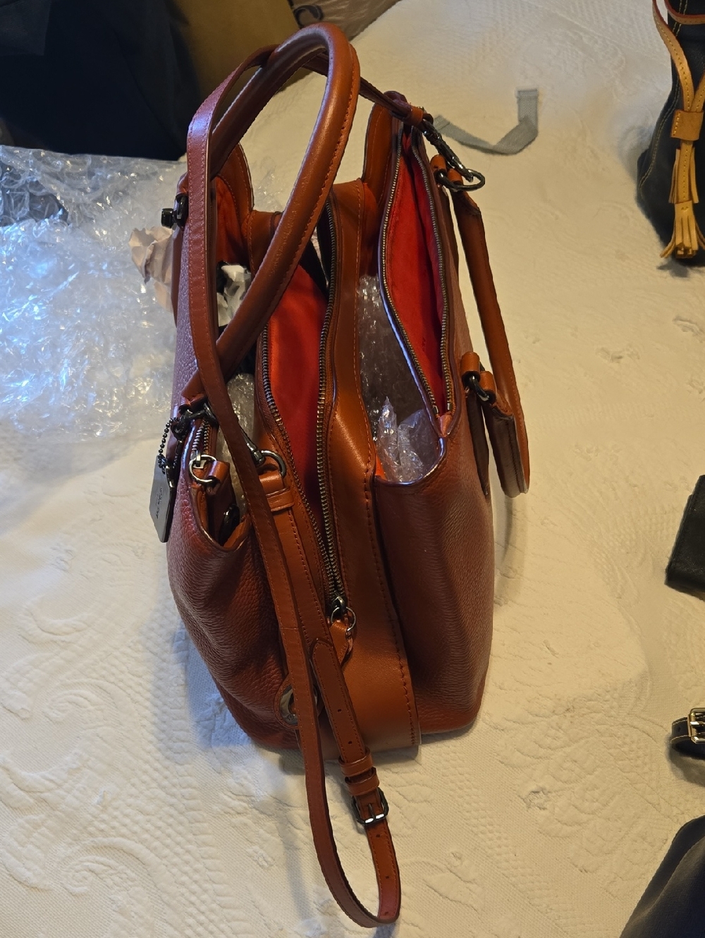 Coach Pebbled Leather Satchel in Cognac Orange - Picture 13 of 16